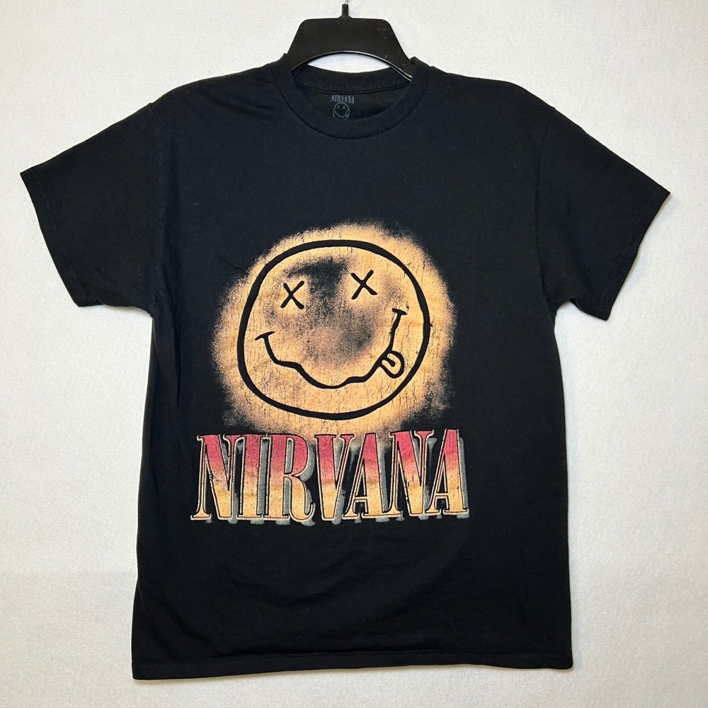 Nirvana Smiley Face Graphic T-Shirt Black 90s Grunge Retro Indie Sleaze Men M